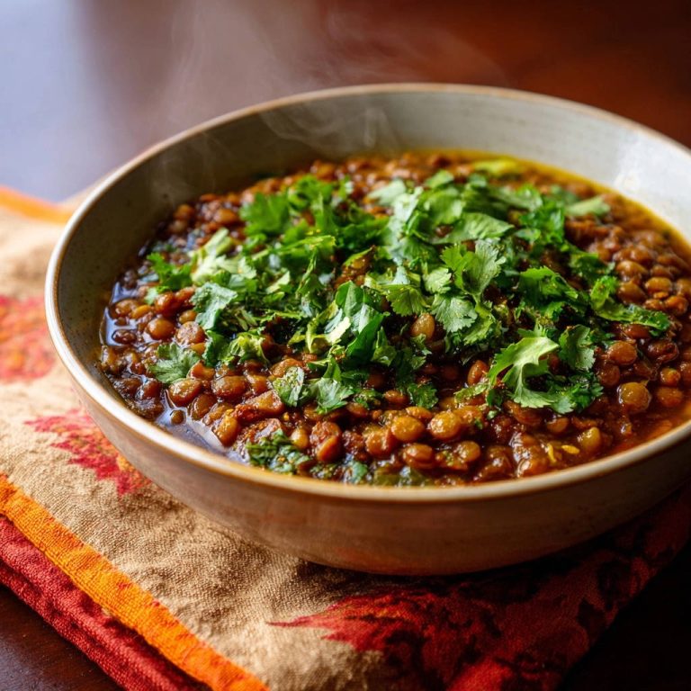 Cremiges Linsencurry, von oben fotografiert, dampft warm und ist mit frischem Koriander garniert, der appetitlich aussieht.