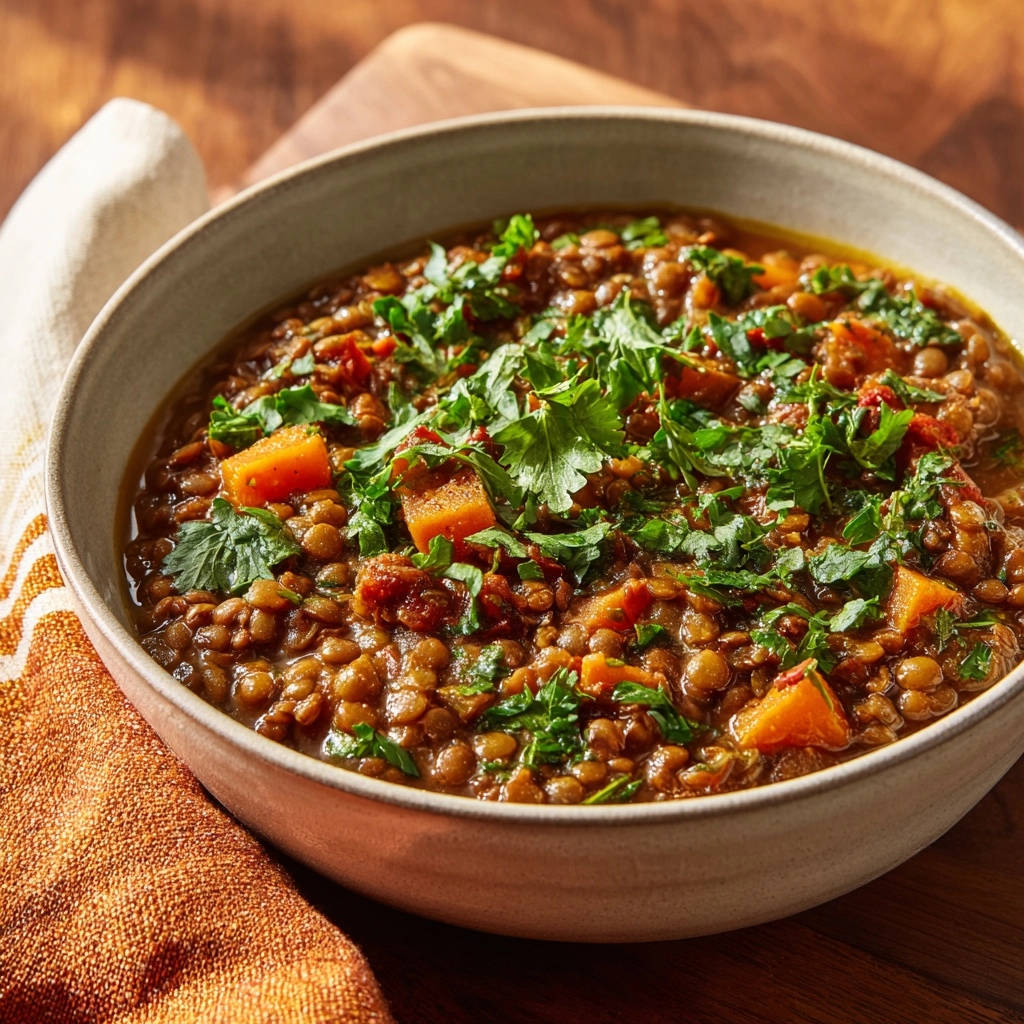 Cremiges Linsencurry, serviert in einer Schüssel, garniert mit frischer Petersilie und Gemüse. Ein köstliches, herzhaftes Gericht, perfekt für kalte Tage.