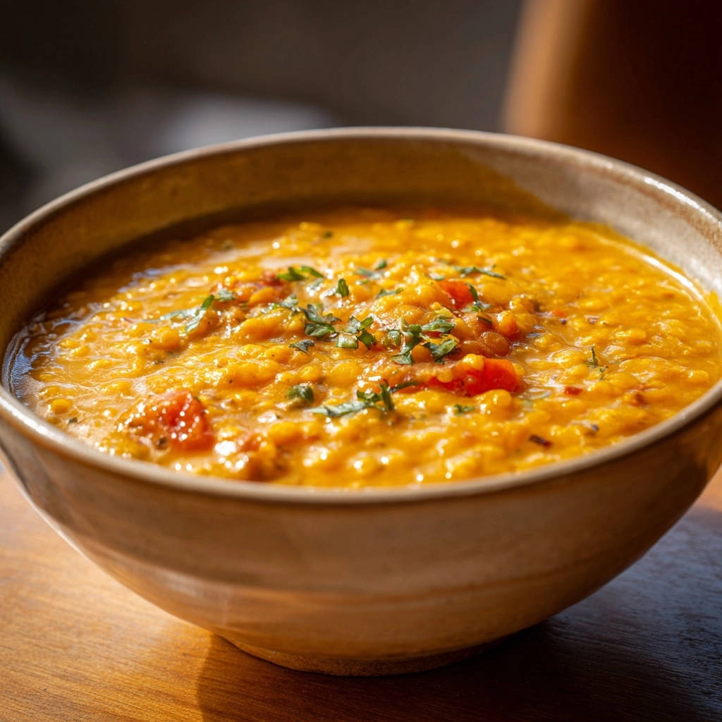 Cremiges Rotes Linsen Dal Nahaufnahme 1 Cremiges Rotes Linsen-Dal: Nahaufnahme der cremigen Textur, garniert mit frischen Kräutern in einer rustikalen Schüssel.