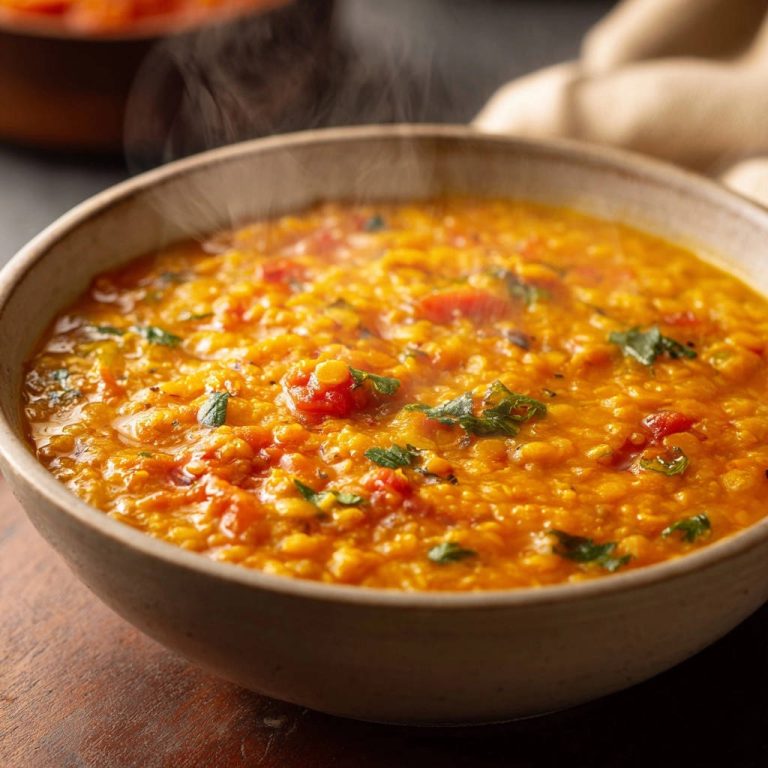 Cremiges Rotes Linsen-Dal in einer Nahaufnahme, dampfend heiß und servierfertig in einer rustikalen Schale.