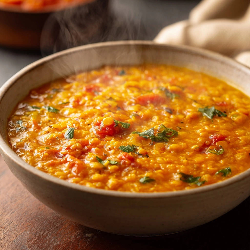 Cremiges Rotes Linsen-Dal in einer Nahaufnahme, dampfend heiß und servierfertig in einer rustikalen Schale.