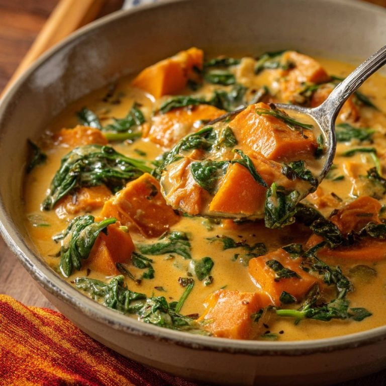 Cremiges Süßkartoffel-Spinat-Curry in Nahaufnahme: Ein Löffel voll mit cremiger Sauce, Süßkartoffelstücken und frischem Spinat.
