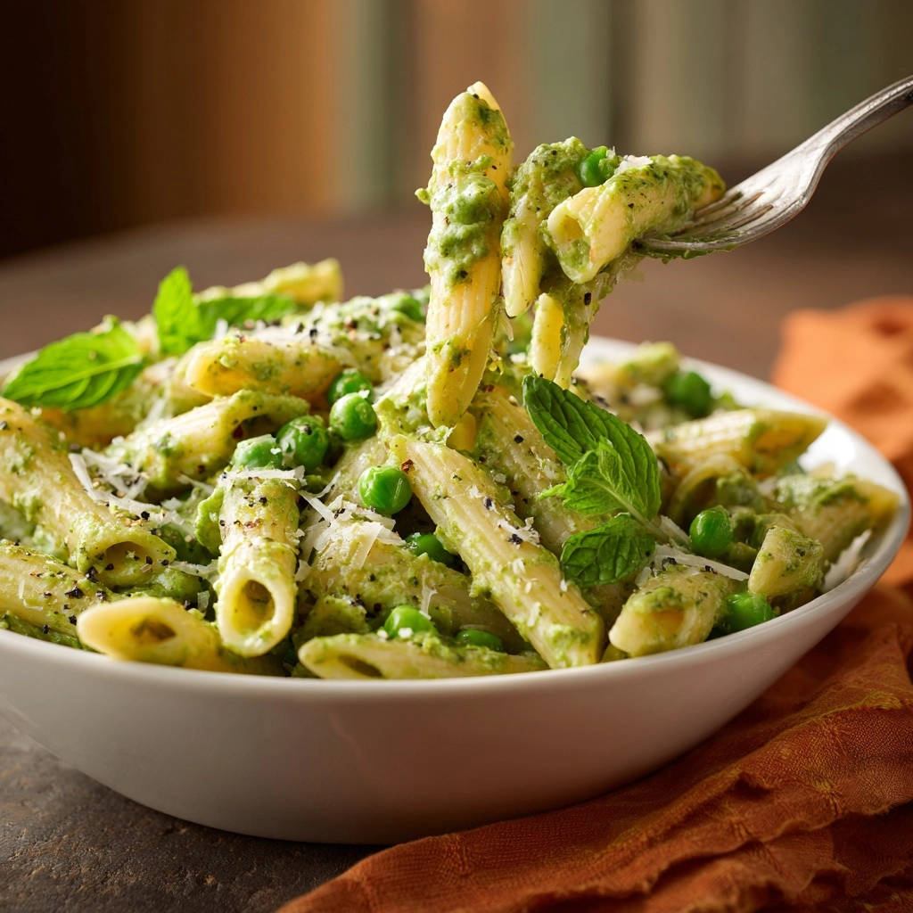 Frische Penne Mit Erbsen Minz Creme Auf Gabel 1 Frische Penne mit Erbsen-Minz-Crème, serviert auf einer Gabel, zeigt die cremige Sauce und frische Zutaten.