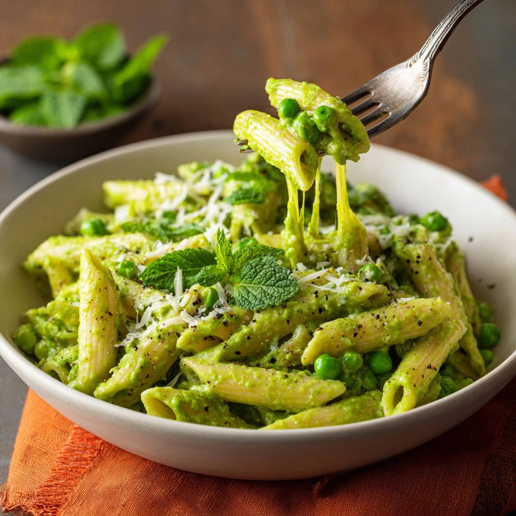 Frische Penne mit Erbsen-Minz-Crème, serviert in einer Schüssel, wird von einer Gabel mit cremiger Sauce und Erbsen hochgehoben.