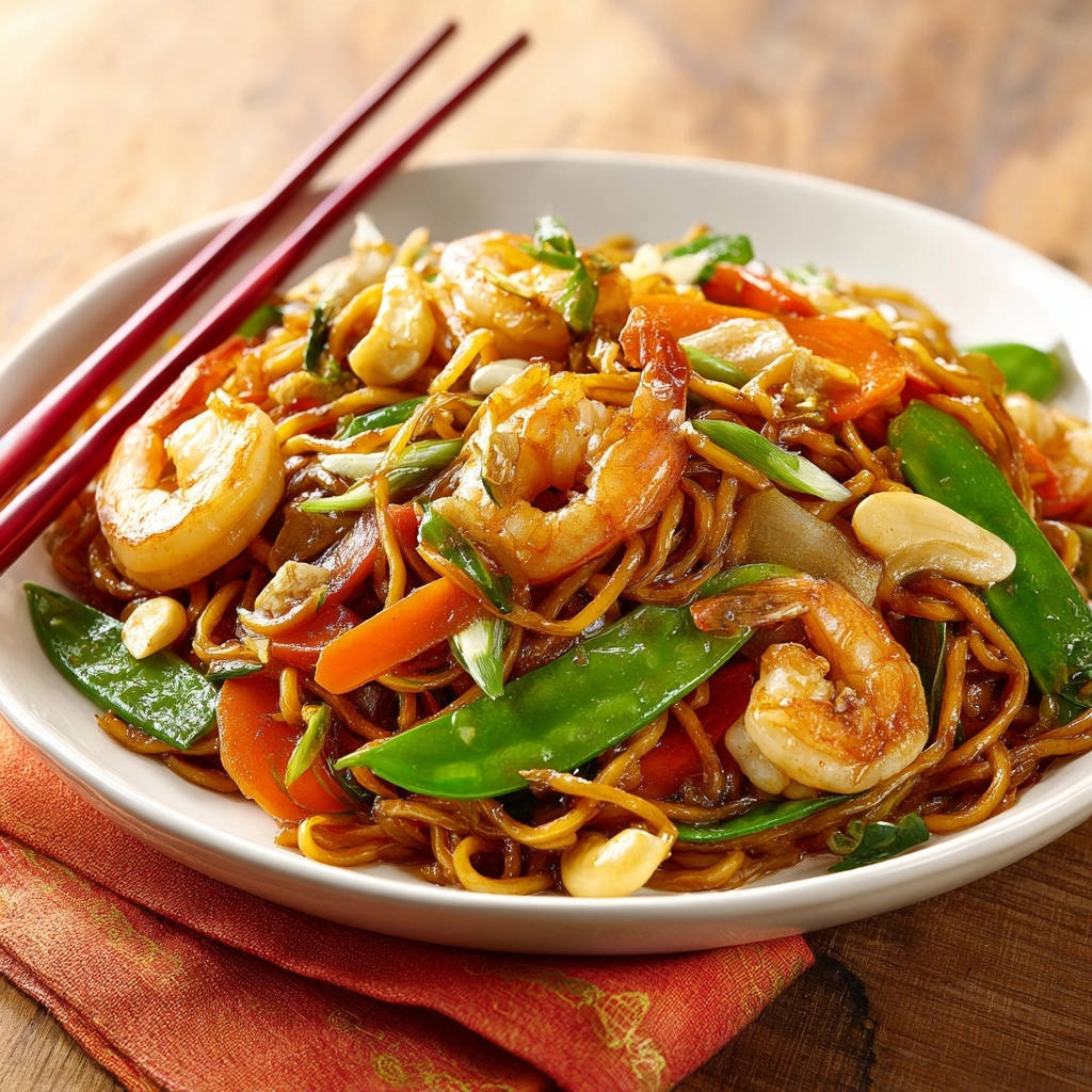 Garnelen-Nudel-Wok in Nahaufnahme serviert, mit knusprigen Garnelen, frischem Gemüse und köstlichen Nudeln in einer weißen Schüssel.