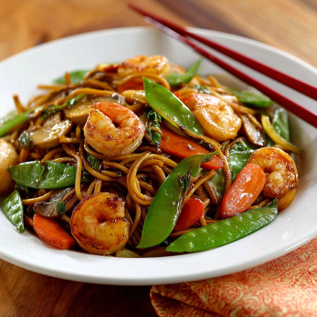 Garnelen Nudel Wok Serviert 1 Garnelen-Nudel-Wok serviert in einer weißen Schüssel, garniert mit frischem Gemüse und saftigen Garnelen. Die asiatische Mahlzeit präsentiert sich appetitlich.