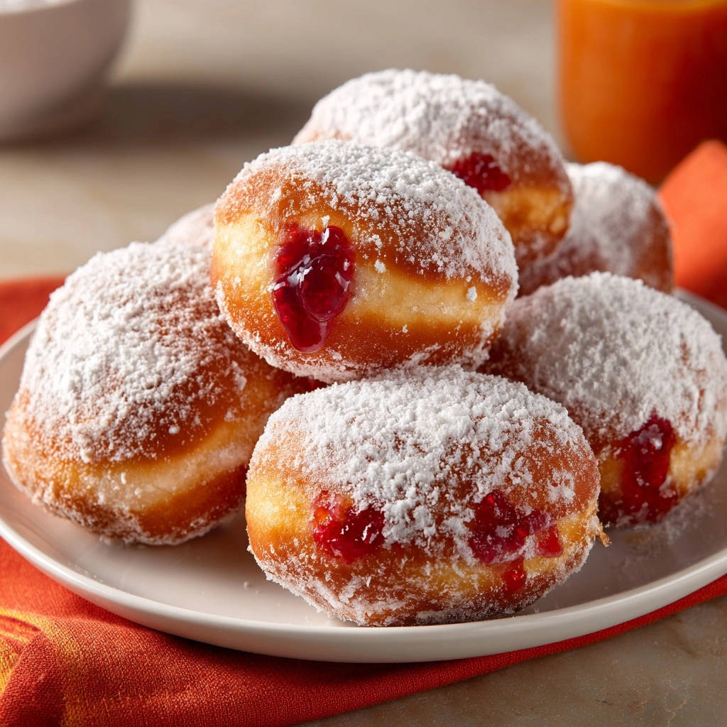 Gefuellte Glcks Krapfen Nahaufnahme Mit Puderzucker 1 Gefüllte Glücks-Krapfen in Nahaufnahme, üppig mit Puderzucker bestreut, zeigen die leckere Marmeladenfüllung.
