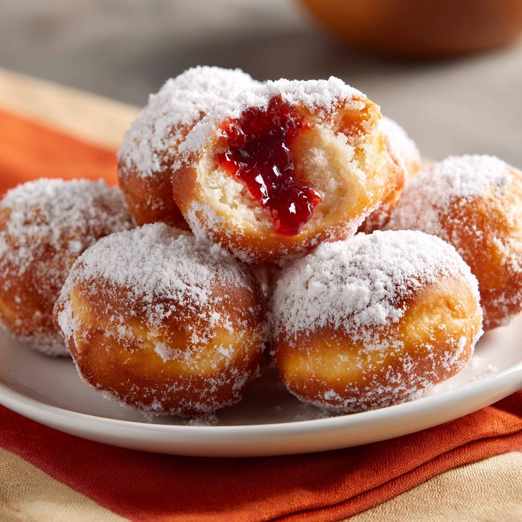 Gefüllte Glücks-Krapfen zeigen hier ihren köstlichen Querschnitt, gefüllt mit fruchtiger Marmelade, in einer Nahaufnahme.