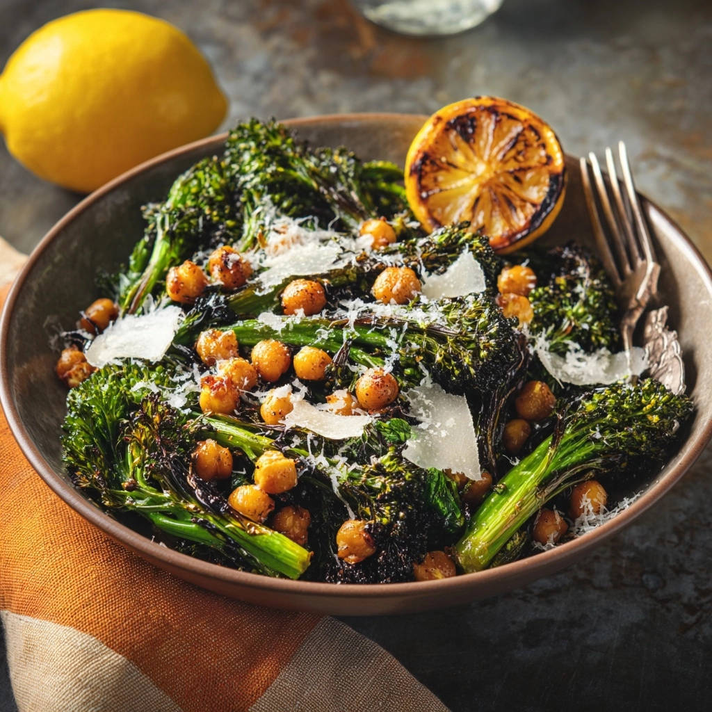 Gerösteter Broccolini mit knusprigen Kichererbsen und Zitrone, serviert in einer rustikalen Schüssel, von oben betrachtet, mit gerösteter Zitrone und Parmesan.