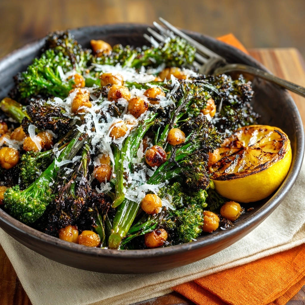 Geroesteter Broccolini Knusprigen Kichererbsen Serviert 1 Gerösteter Broccolini mit knusprigen Kichererbsen und Zitrone, serviert in einer dunklen Schüssel, garniert mit geriebenem Käse.