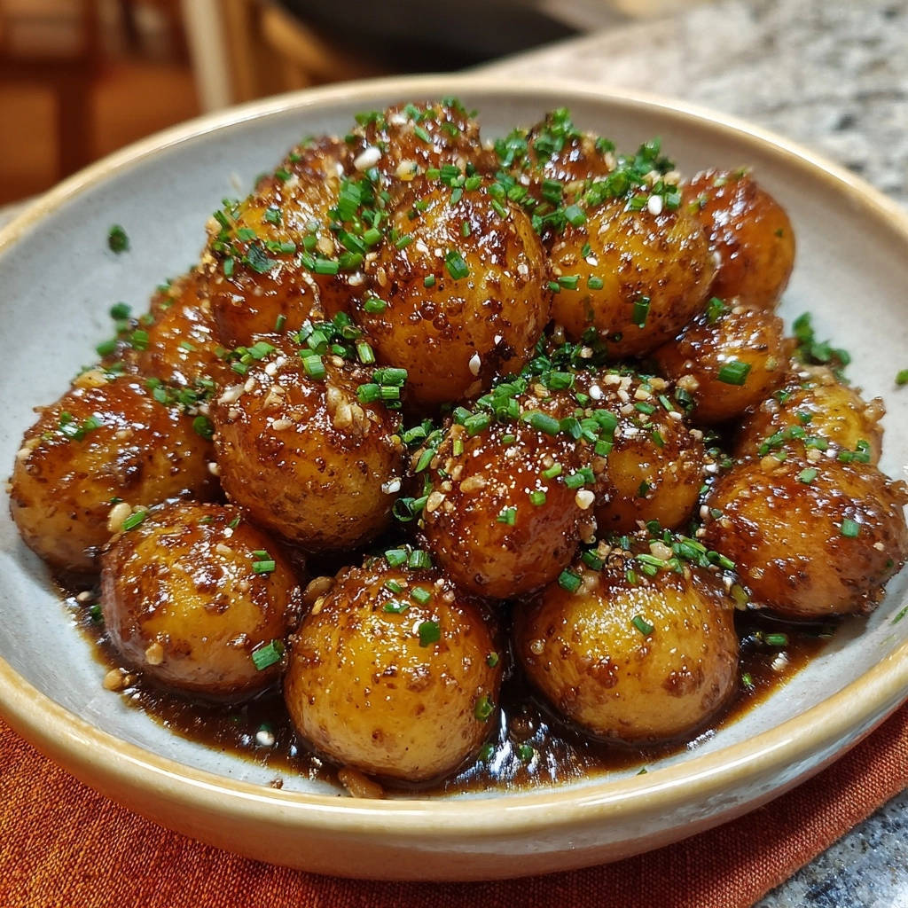 Glasierte Babykartoffeln Mit Sesam Draufsicht 1 Glasierte Babykartoffeln mit Sesam und Schnittlauch, serviert in einer Schüssel, von oben betrachtet. Die kleinen Kartoffeln sind mit einer glänzenden Glasur überzogen.