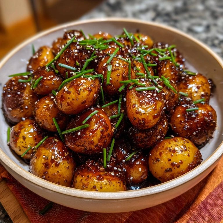 Glasierte Babykartoffeln mit Sesam und Schnittlauch in einer Schüssel, von oben betrachtet, perfekt glasiert und mit frischem Schnittlauch garniert.
