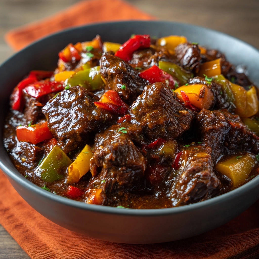 Glasiertes Rindfleisch Mit Paprika Nahaufnahme 1 2 Glasiertes Rindfleisch mit Paprika in einer dunklen Schüssel, die Nahaufnahme zeigt die glänzende Glasur und das saftige Fleisch.