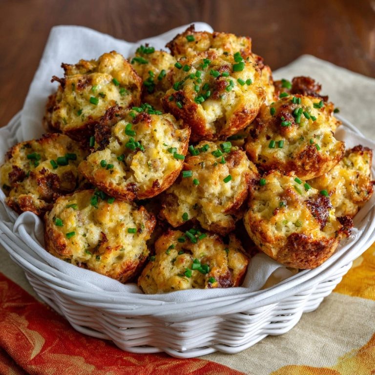 Goldbraune Käse-Speck-Muffins liegen in einem weißen Korb, garniert mit frischen Schnittlauch. Ein köstliches Gebäck mit würzigem Geschmack.