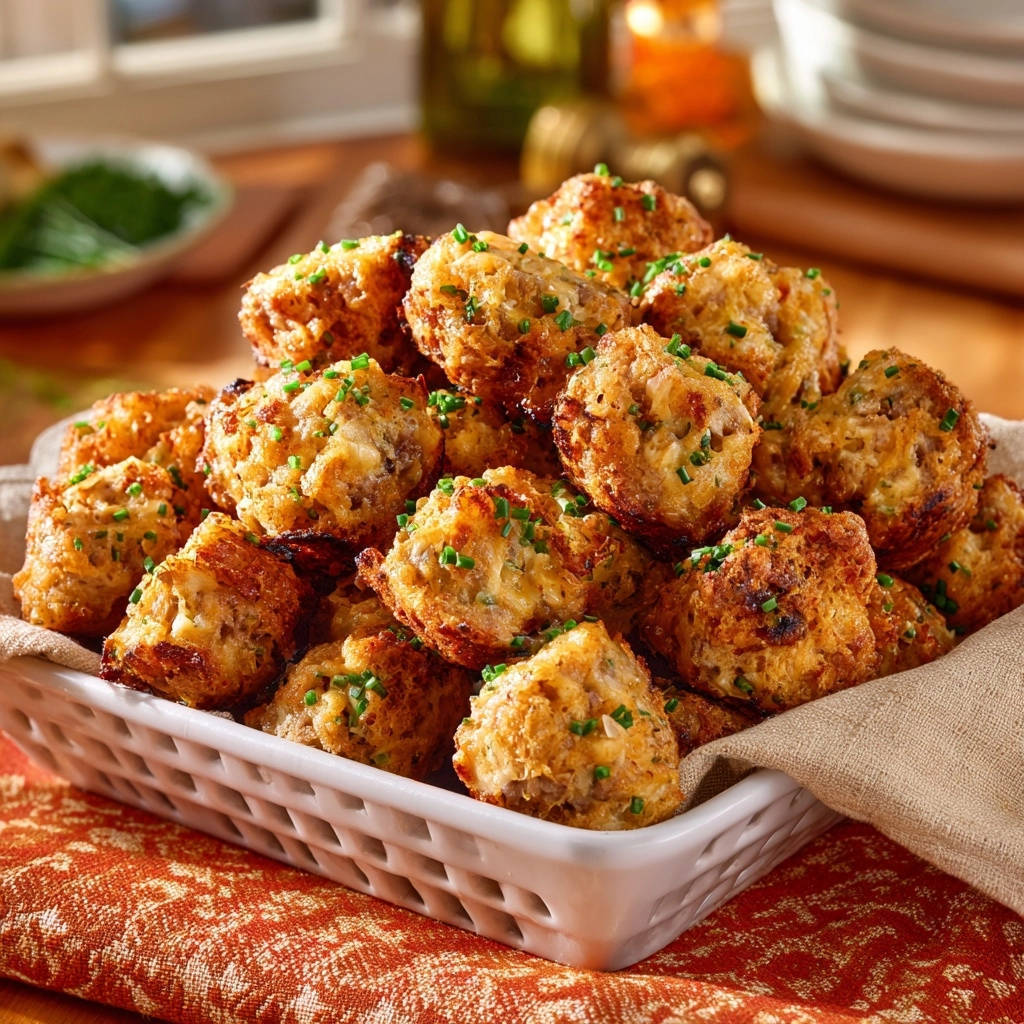 Goldbraune Käse-Speck-Muffins serviert in einem weißen Korb, garniert mit frischen Kräutern, bereit zum Genießen. Sie sind saftig und würzig.