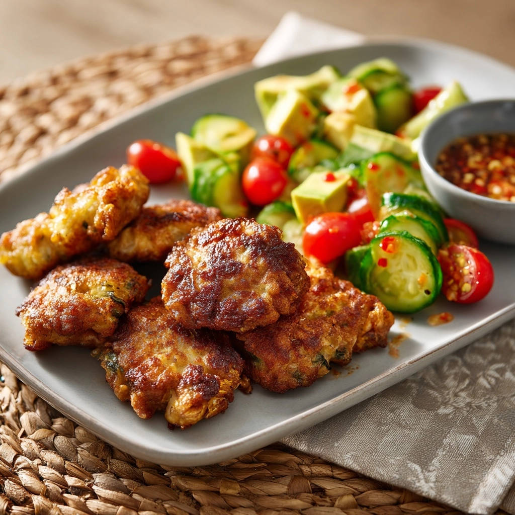 Goldbraune Mais Puffer Mit Avocado Salat Serviert 1 Goldbraune Mais-Puffer mit Avocado-Salat serviert auf einem grauen Teller, garniert mit frischem Salat und einem Dip.