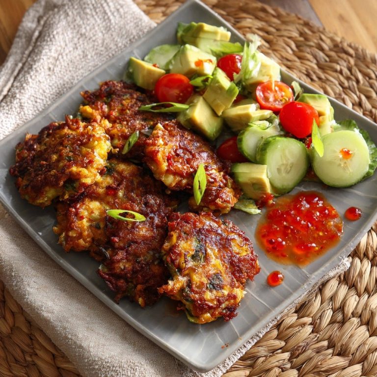 Goldbraune Mais-Puffer mit Avocado-Salat serviert auf einem grauen Teller, garniert mit frischen Kräutern und einem Klecks Chili-Soße.