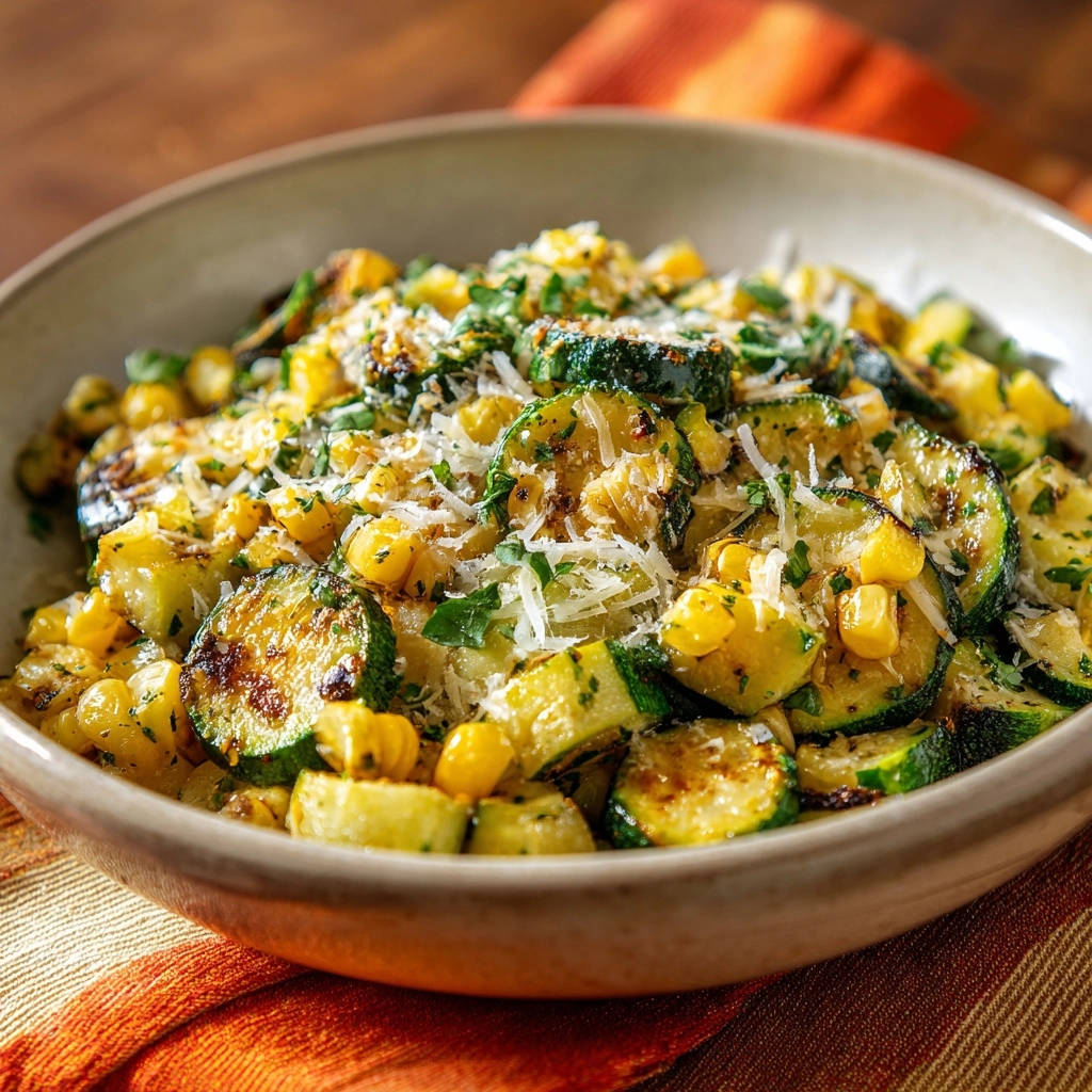 Goldbraune Zucchini Mais Pfanne Draufsicht 1 Goldbraune Zucchini-Mais-Pfanne in einer rustikalen Schüssel, von oben betrachtet. Saftige Zucchini-Scheiben mit goldgelbem Mais und geriebenem Käse.