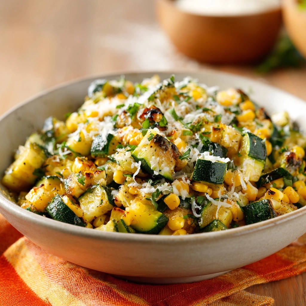 Goldbraune Zucchini-Mais-Pfanne in einer Schüssel serviert, garniert mit frischen Kräutern und geriebenem Käse, mit Blick auf die köstlichen Zutaten.