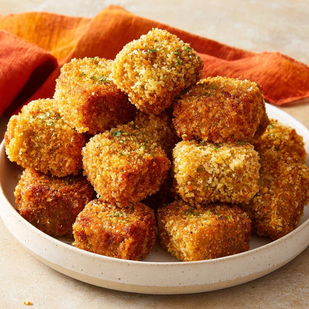 Goldene Kartoffel-Krokettenwürfel sind hier auf einem Teller gestapelt. Die knusprigen Würfel sind goldbraun und mit Kräutern garniert.