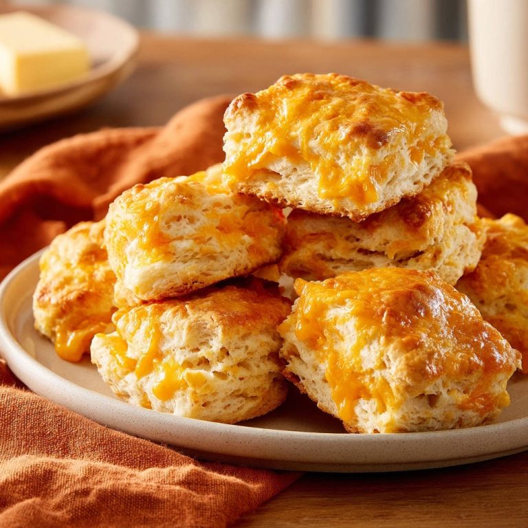 Goldene Käse-Biscuits in Nahaufnahme, gestapelt auf einem Teller, mit geschmolzenem Käse und einer rustikalen Textur.