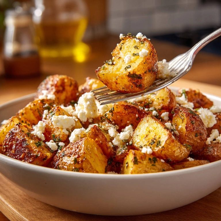 Goldene Rosmarin-Feta Ofenkartoffeln, serviert in einer Schüssel, mit einer Gabel, die eine einzelne Kartoffel mit Feta-Käse zeigt.