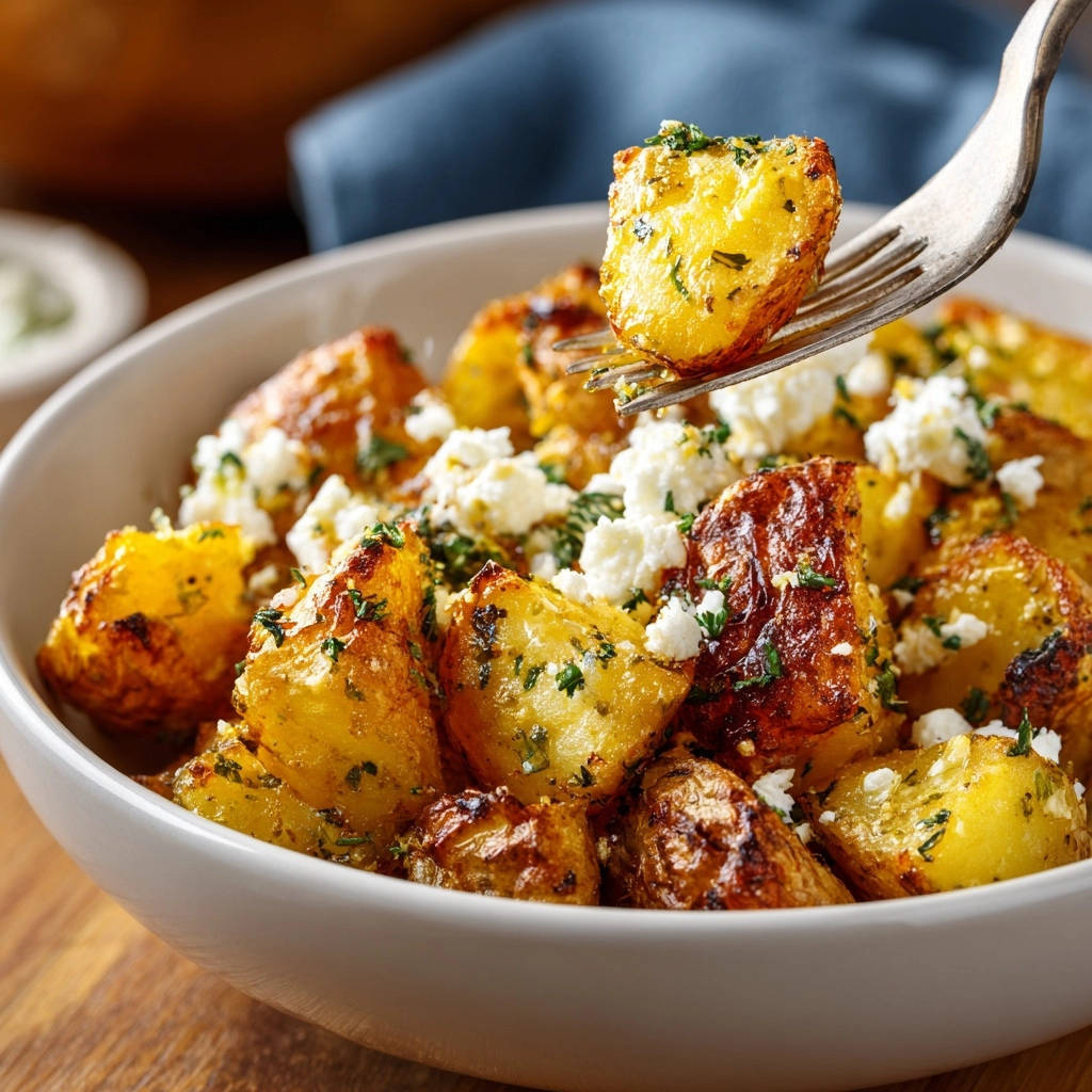 Goldene Rosmarin Feta Ofenkartoffeln Auf Gabel Serviert 1 Goldene Rosmarin-Feta Ofenkartoffeln, serviert in einer Schüssel, mit einer Gabel, die eine einzelne Kartoffel zeigt. Knusprige Kartoffeln mit Feta-Käse und Kräutern.
