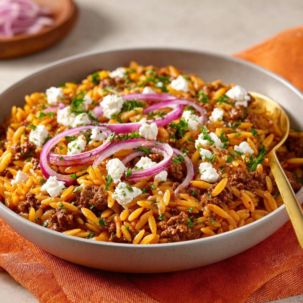 Griechische Orzo Pfanne Mit Lammhack Draufsicht Serviert 1 Griechische Orzo-Pfanne mit Lammhack serviert in einer Schüssel, garniert mit roten Zwiebeln und Feta-Käse, von oben gesehen.