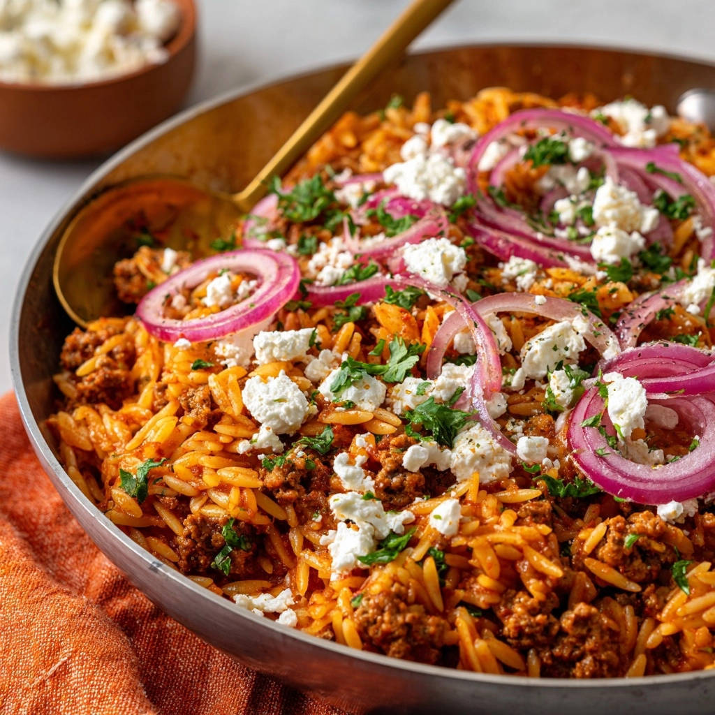Griechische Orzo-Pfanne mit Lammhack in einer rustikalen Pfanne, garniert mit roten Zwiebelringen und Schafskäse, von oben fotografiert.