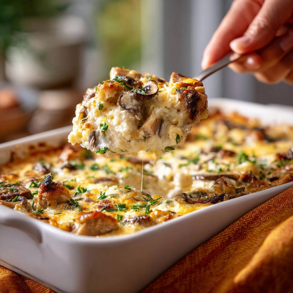 Hähnchen-Pilz-Gratin: Eine Portion auf einem Löffel präsentiert, mit geschmolzenem Käse, Champignons und frischen Kräutern.
