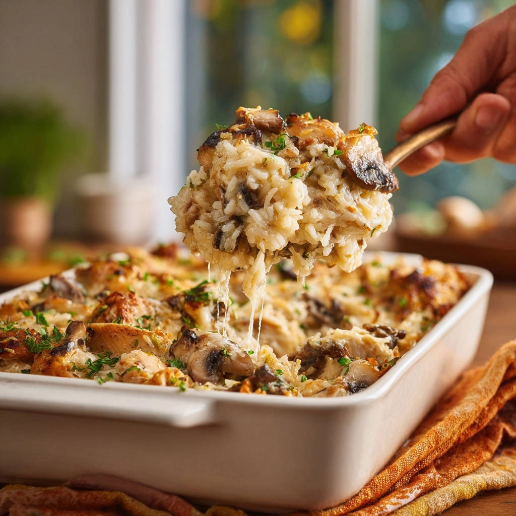 Haehnchen Pilz Gratin Portion Auf Loeffel 1 Hähnchen-Pilz-Gratin zeigt eine Portion auf einem Löffel, die mit geschmolzenem Käse und Pilzen verziert ist.