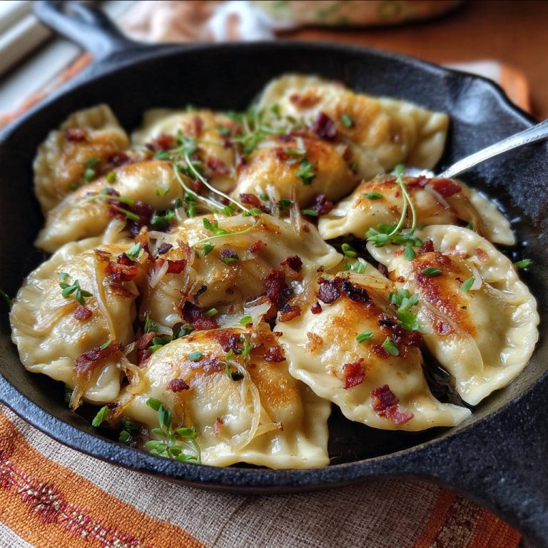 Hausgemachte Pierogi Pfanne, serviert in einer gusseisernen Pfanne, garniert mit knusprigem Speck und frischen Kräutern, von oben betrachtet.
