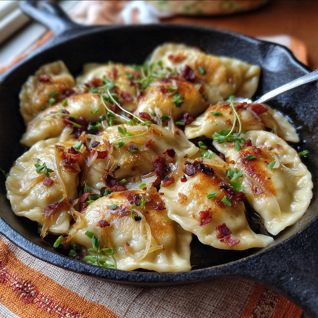 Hausgemachte Pierogi Pfanne, serviert in einer gusseisernen Pfanne, garniert mit knusprigem Speck und frischen Kräutern, von oben betrachtet.