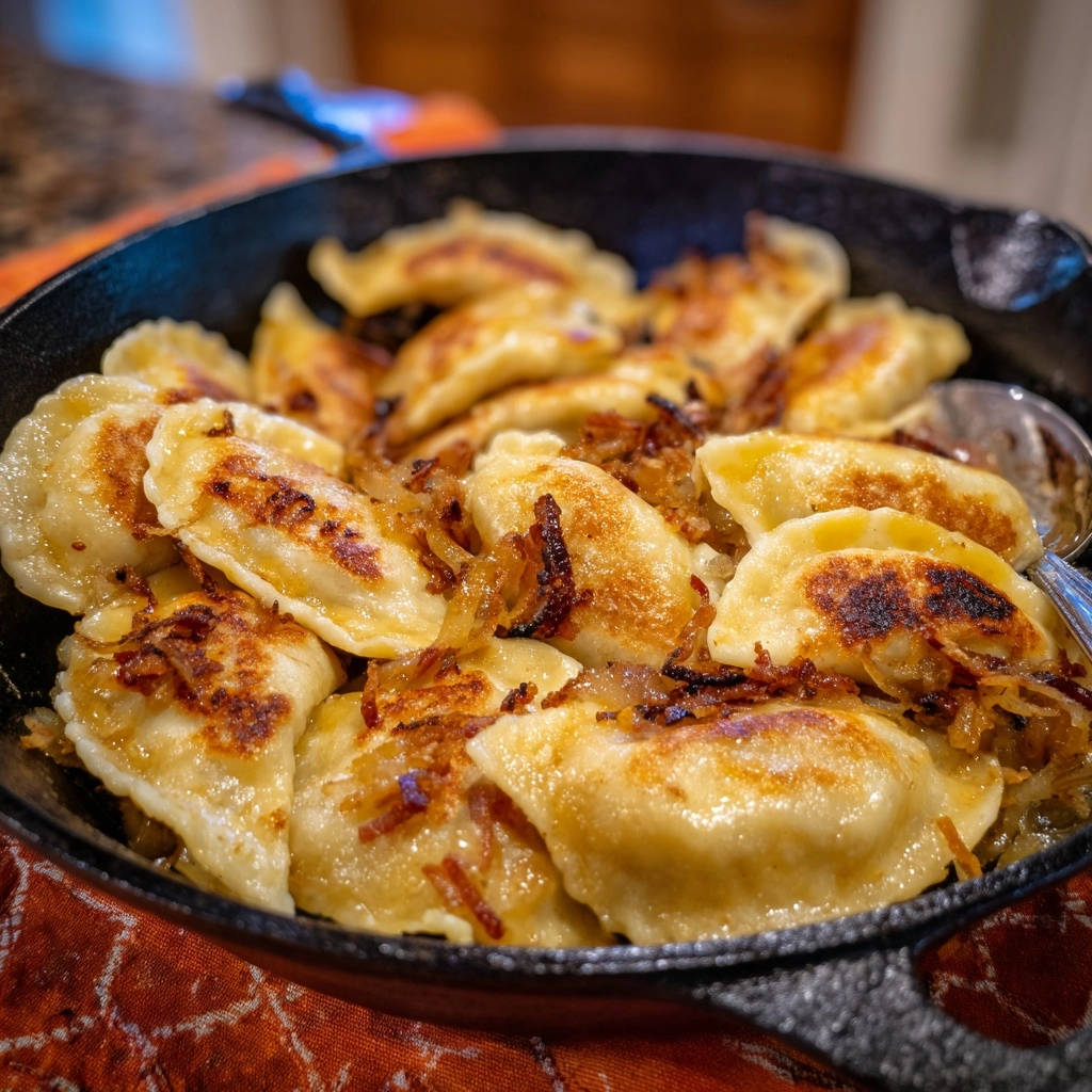 Hausgemachte Pierogi Pfanne in einer gusseisernen Pfanne, Nahaufnahme der goldbraun gebratenen Teigtaschen mit Zwiebeln.