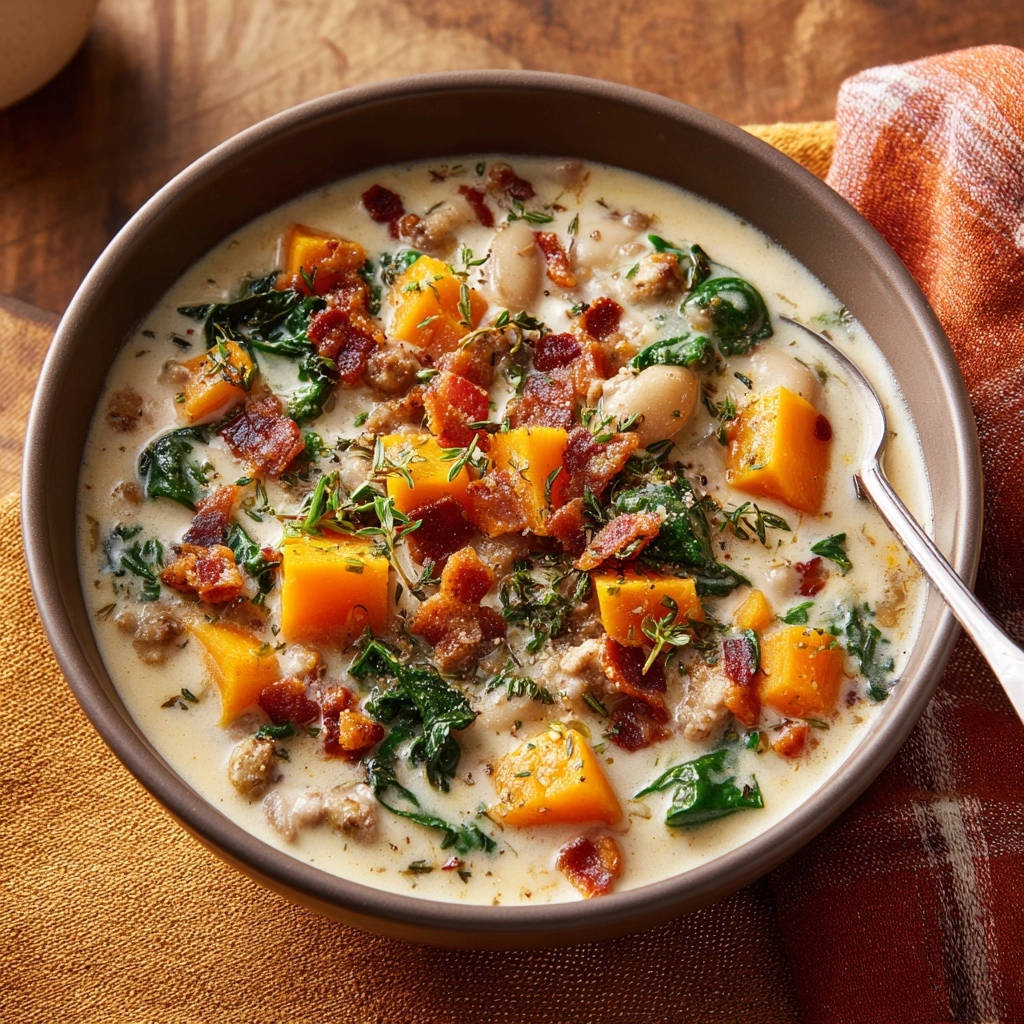 Herbstliche Cremesuppe mit Kürbis und Speck in einer Schüssel, serviert mit knusprigem Speck, Kürbiswürfeln und frischen Kräutern von oben.