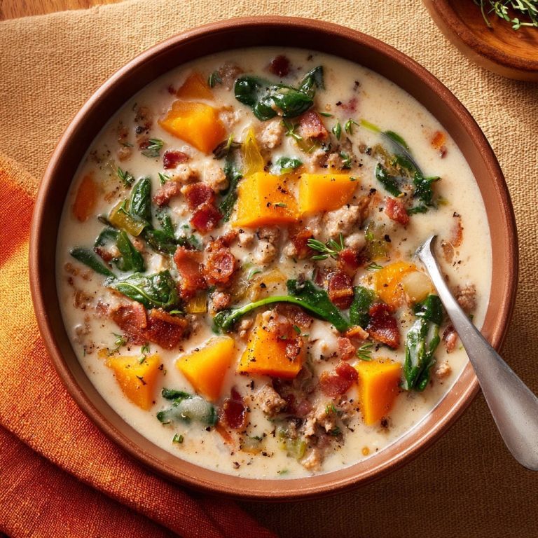 Herbstliche Cremesuppe mit Kürbis und Speck in einer rustikalen Schüssel, serviert von oben mit frischem Thymian und knusprigem Speck.