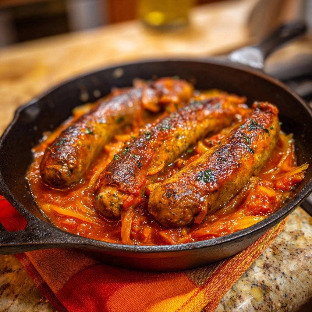 Herzhafte Bratwrstchen Mit Zwiebelso E In Der Pfanne Nahaufn 1 Herzhafte Bratwürstchen mit Zwiebelsoße in einer gusseisernen Pfanne, aus nächster Nähe betrachtet. Die Würstchen sind von einer leckeren Soße umgeben.
