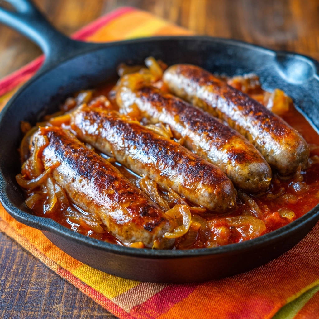 Herzhafte Bratwürstchen mit Zwiebelsoße in einer gusseisernen Pfanne, mit goldbraun gebratenen Würstchen und einer köstlichen Zwiebel-Tomaten-Soße.