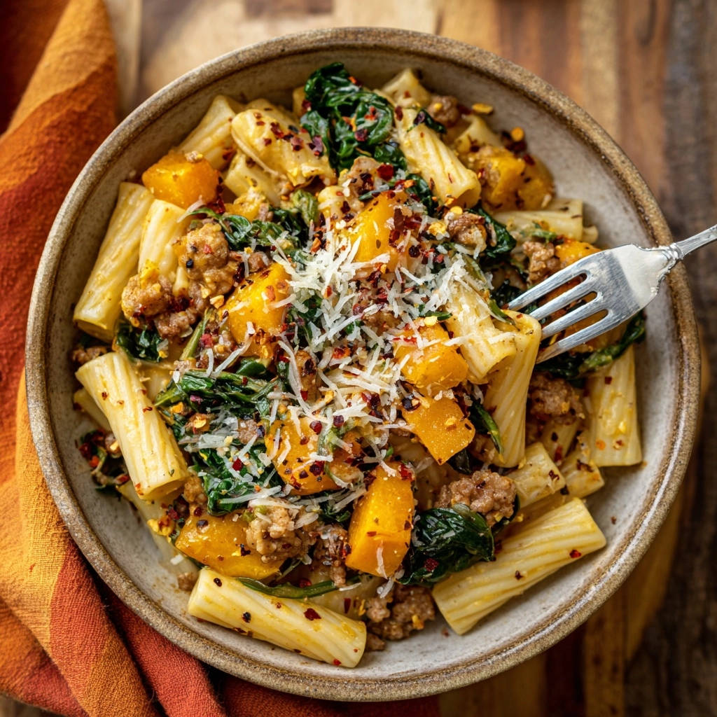 Herzhafte Rigatoni mit Hack & Kürbis, serviert in einer rustikalen Schüssel, mit frisch geriebenem Käse und Chiliflocken garniert.