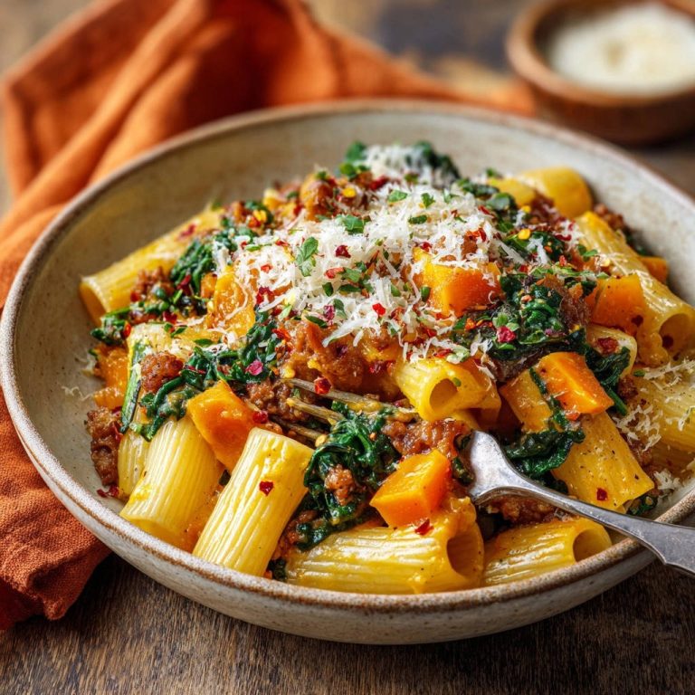Herzhafte Rigatoni mit Hack & Kürbis, serviert in einer rustikalen Schüssel, mit frisch geriebenem Käse und Kräutern garniert. Ein herzhaftes Gericht, perfekt für kühle Abende.