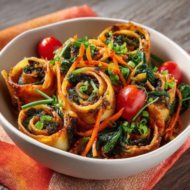 Herzhafte Spinat-Röllchen aus der Pfanne in einer Nahaufnahme, garniert mit frischen Tomaten, Karottenstreifen und Schnittlauch. Die knusprigen Röllchen sind in einer Schüssel serviert.