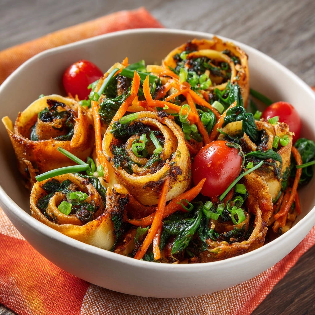 Herzhafte Spinat-Röllchen aus der Pfanne in einer Nahaufnahme, garniert mit frischen Tomaten, Karottenstreifen und Schnittlauch. Die knusprigen Röllchen sind in einer Schüssel serviert.