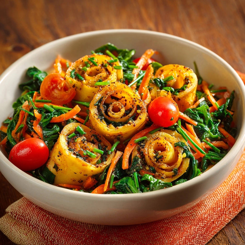 Herzhafte Spinat-Röllchen aus der Pfanne: Nahaufnahme der saftigen Röllchen, garniert mit frischen Tomaten und frischen Kräutern in einer Schüssel.