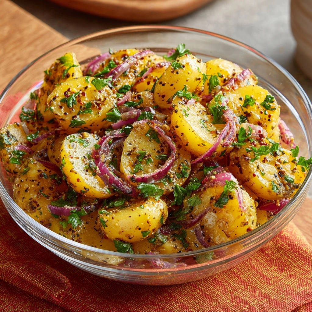 Herzhafter Kartoffelsalat mit roten Zwiebeln in einer Glas-Servierschüssel, draufsicht. Der Salat ist mit frischer Petersilie und roten Zwiebelringen garniert.