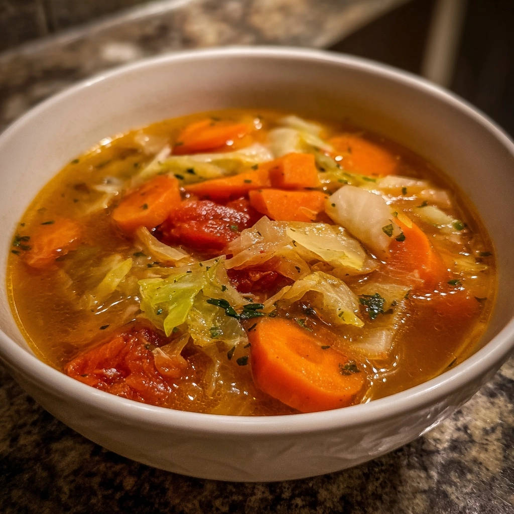 Herzhafter Kraut-Gemüseeintopf in einer Schüssel serviert, mit Karotten, Tomaten und Kohl, fertig zum Genießen.
