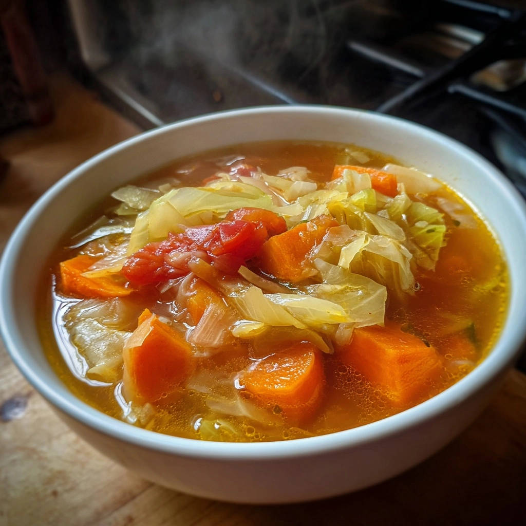 Herzhafter Kraut-Gemüseeintopf in einer weißen Schüssel. Eine Nahaufnahme zeigt die dampfende Suppe mit Gemüse.