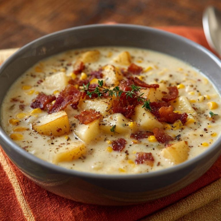 Herzhafter Mais-Kartoffel-Chowder mit knusprigem Bacon, serviert in einer grauen Schüssel, mit Blick von oben auf die cremige Suppe.