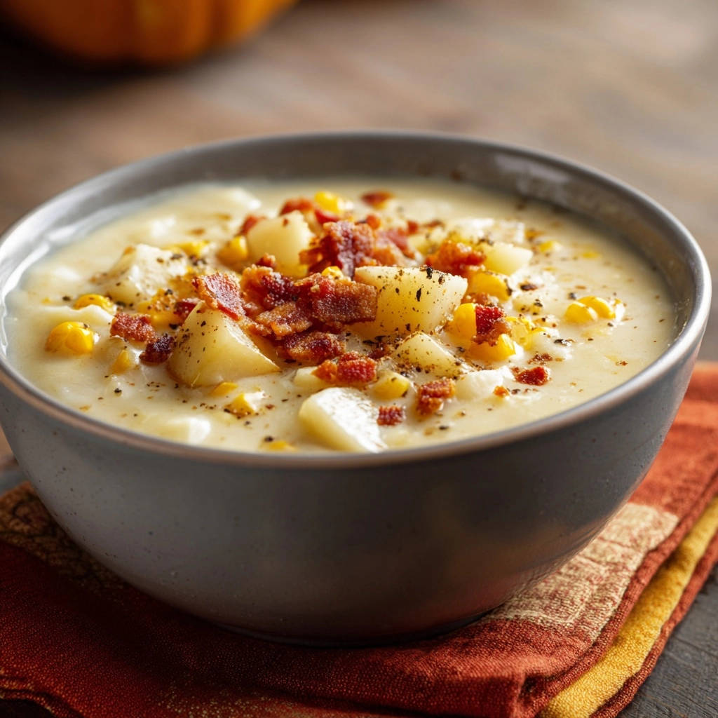 Herzhafter Mais-Kartoffel-Chowder mit knusprigem Bacon in einer grauen Schüssel, garniert mit knusprigem Speck. Eine Nahaufnahme zeigt die cremige Konsistenz und die Zutaten.
