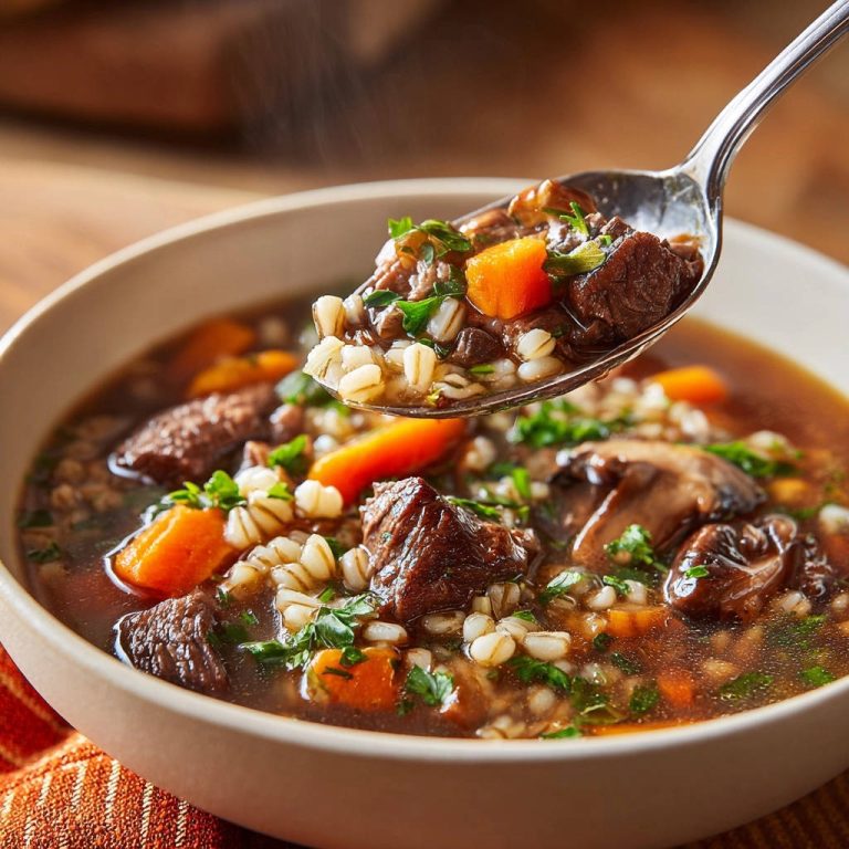 Herzhafter Rindfleisch-Graupen-Eintopf in Nahaufnahme: Ein Löffel voll dampfender Suppe mit Fleisch, Gemüse und Graupen.