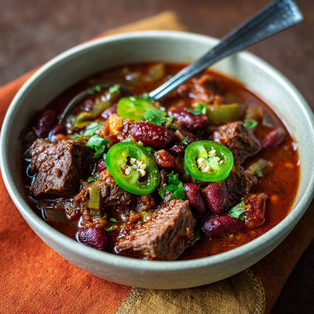 Herzhaftes Rindfleisch Chili in einer Schüssel serviert, garniert mit Jalapeño-Scheiben und frischer Petersilie. Der Blick aus der Nähe offenbart die zarte Fleischtextur.